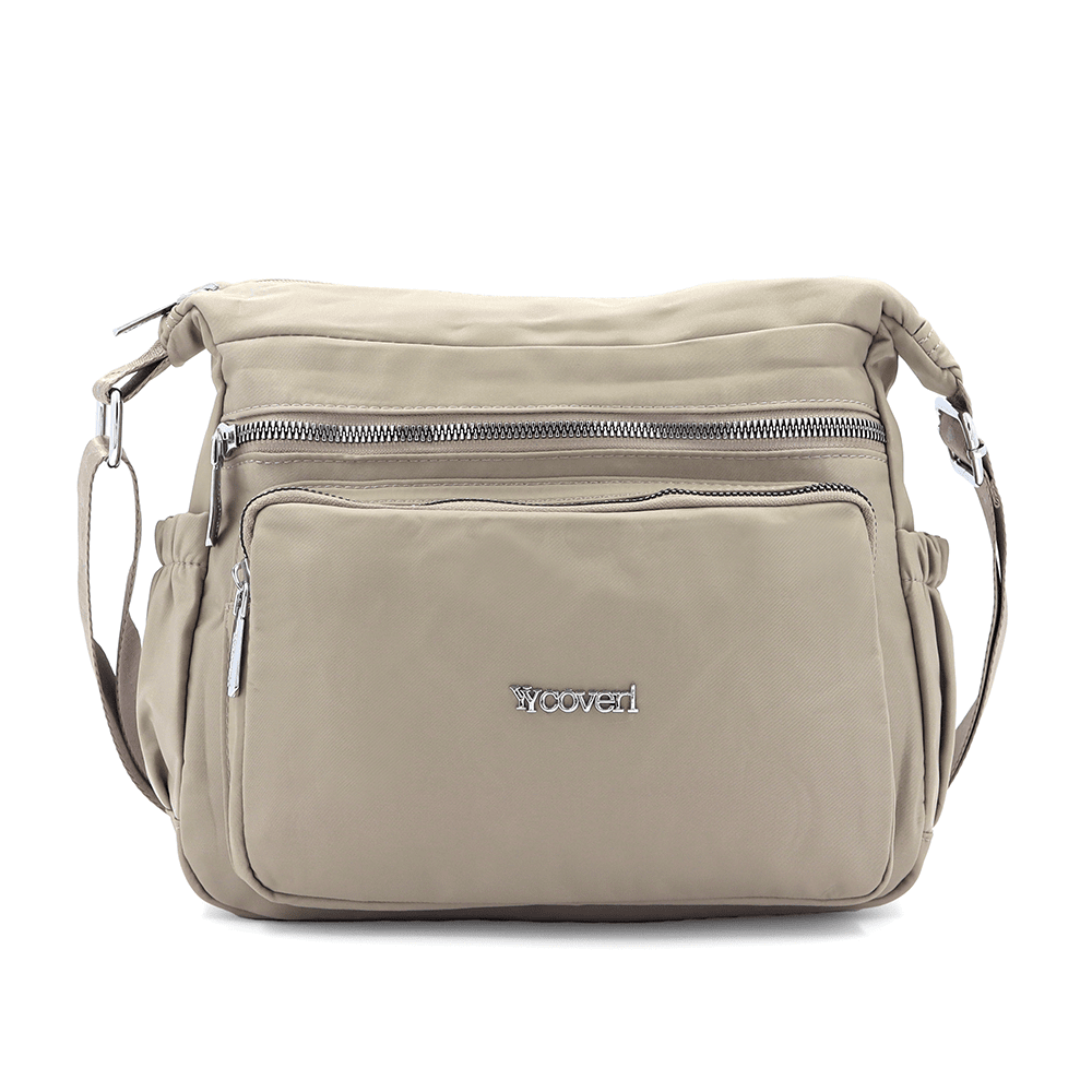 Női válltáska szövetből, sok zsebbel - világosbarna