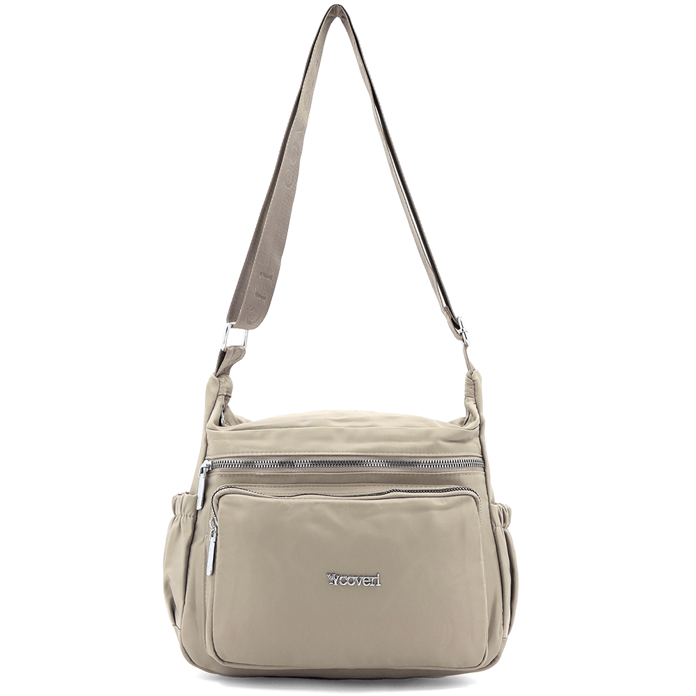 Női válltáska szövetből, sok zsebbel - világosbarna