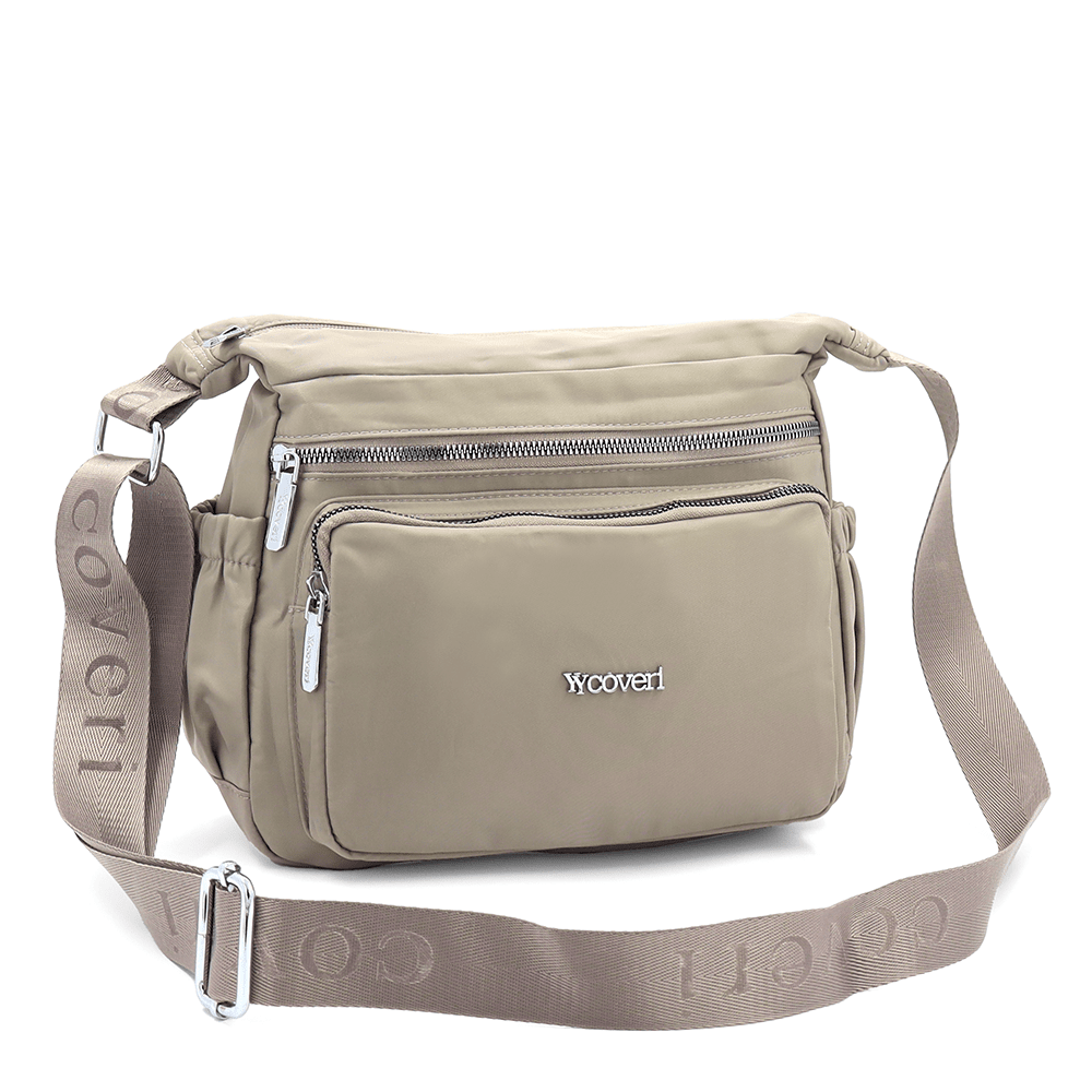 Női válltáska szövetből, sok zsebbel - világosbarna