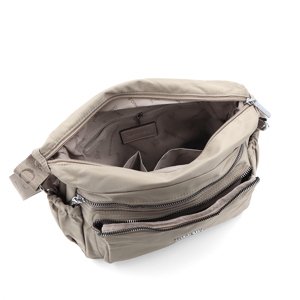 Női válltáska szövetből, sok zsebbel - világosbarna