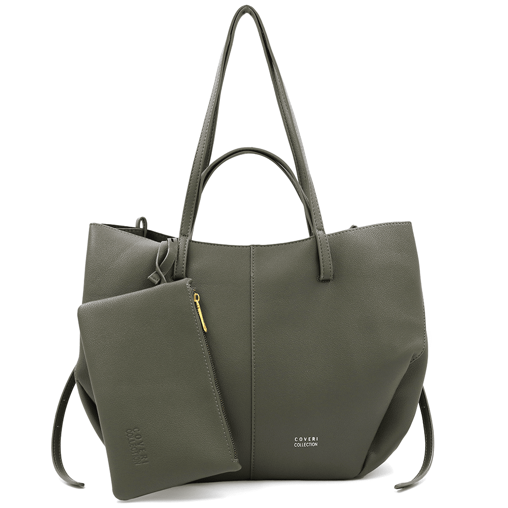 Nagy női táska kétféle fogantyúval és tolltartóval Siena - olajzöld