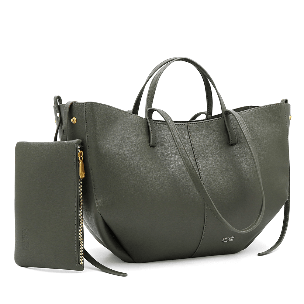 Nagy női táska kétféle fogantyúval és tolltartóval Siena - olajzöld