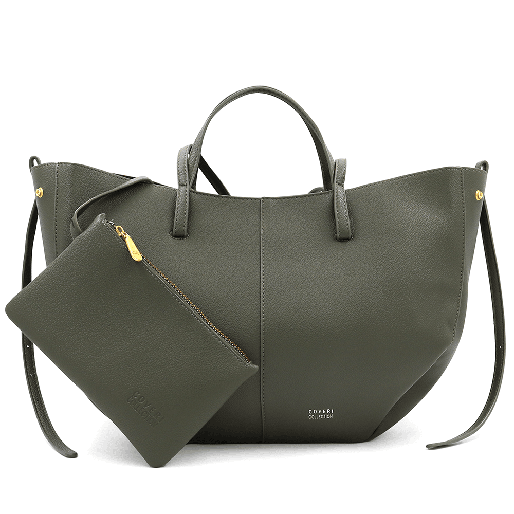 Nagy női táska kétféle fogantyúval és tolltartóval Siena - olajzöld