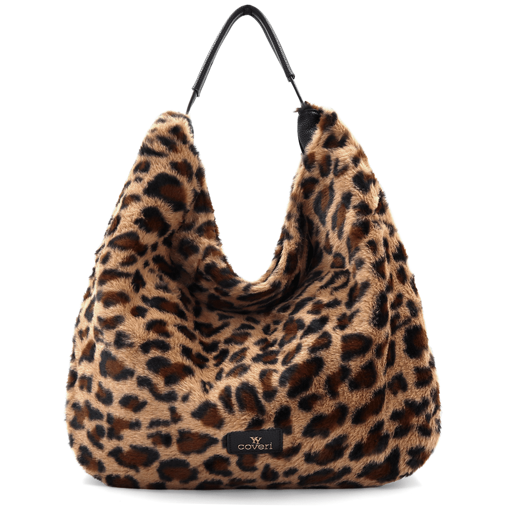Nagy női táska, zsák típusú, öko szőrből, állati mintával - leopárd/fekete