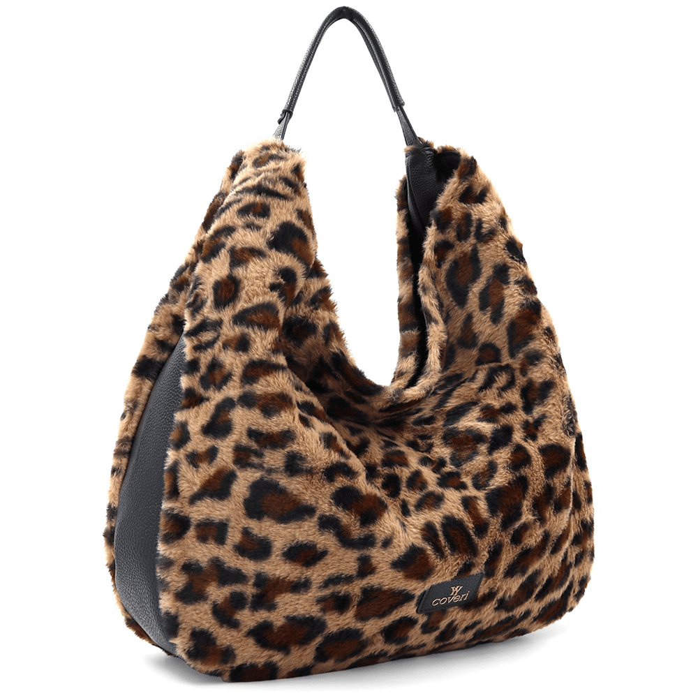 Nagy női táska, zsák típusú, öko szőrből, állati mintával - leopárd/fekete