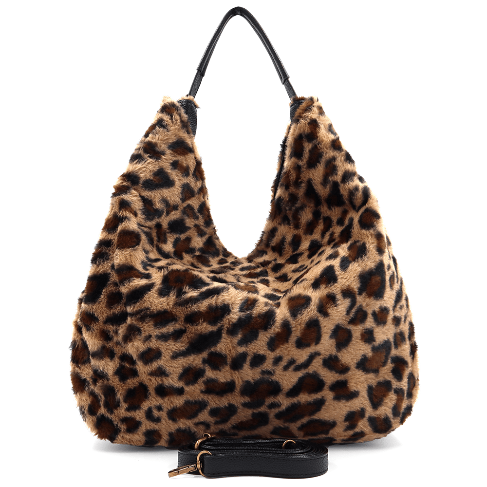 Nagy női táska, zsák típusú, öko szőrből, állati mintával - leopárd/fekete