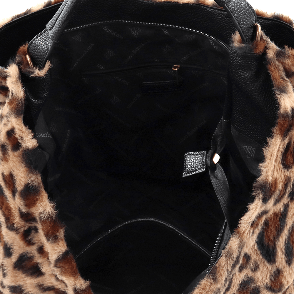 Nagy női táska, zsák típusú, öko szőrből, állati mintával - leopárd/fekete