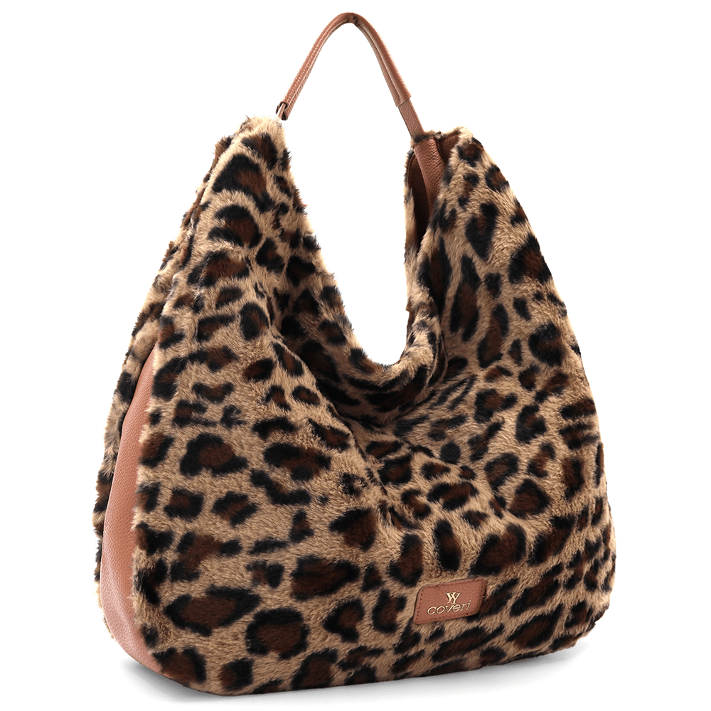 Nagy női táska, zsák típusú, öko szőrből, állati mintával - leopárd/téglaszínű barna