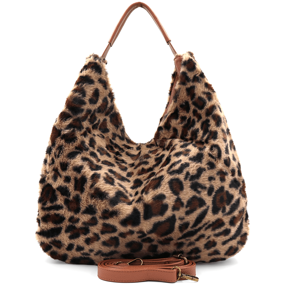 Nagy női táska, zsák típusú, öko szőrből, állati mintával - leopárd/téglaszínű barna