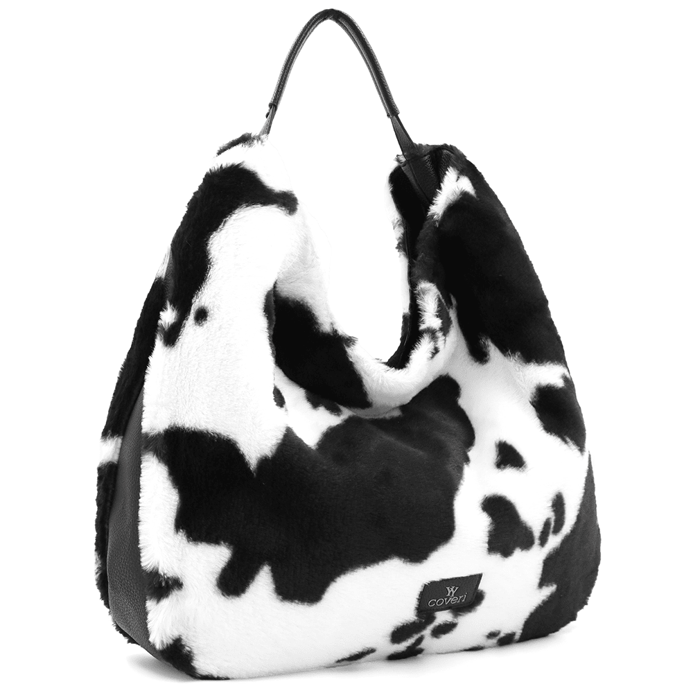 Nagy női táska, zsák típusú, öko szőrből, állati mintával - fehér/fekete