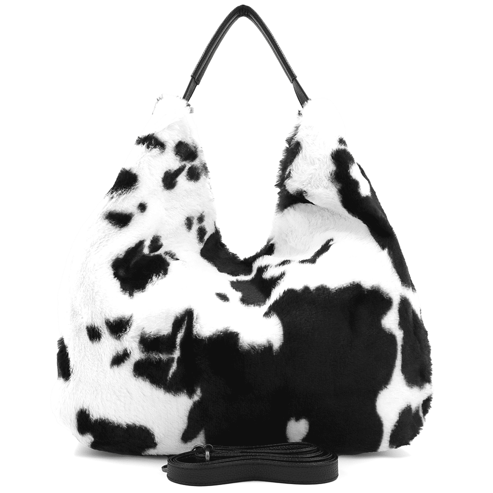 Nagy női táska, zsák típusú, öko szőrből, állati mintával - fehér/fekete