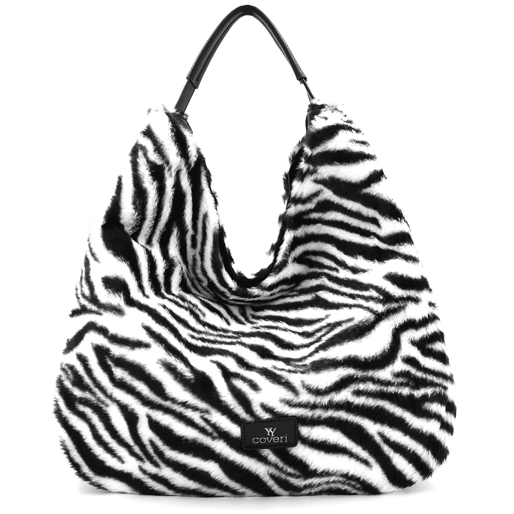 Nagy női táska, zsák típusú, öko szőrből, állati mintával - zebra