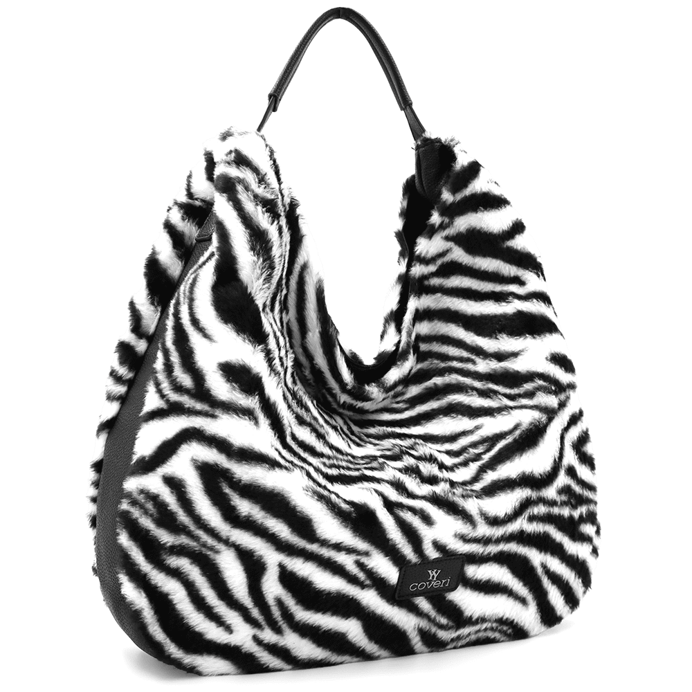 Nagy női táska, zsák típusú, öko szőrből, állati mintával - zebra