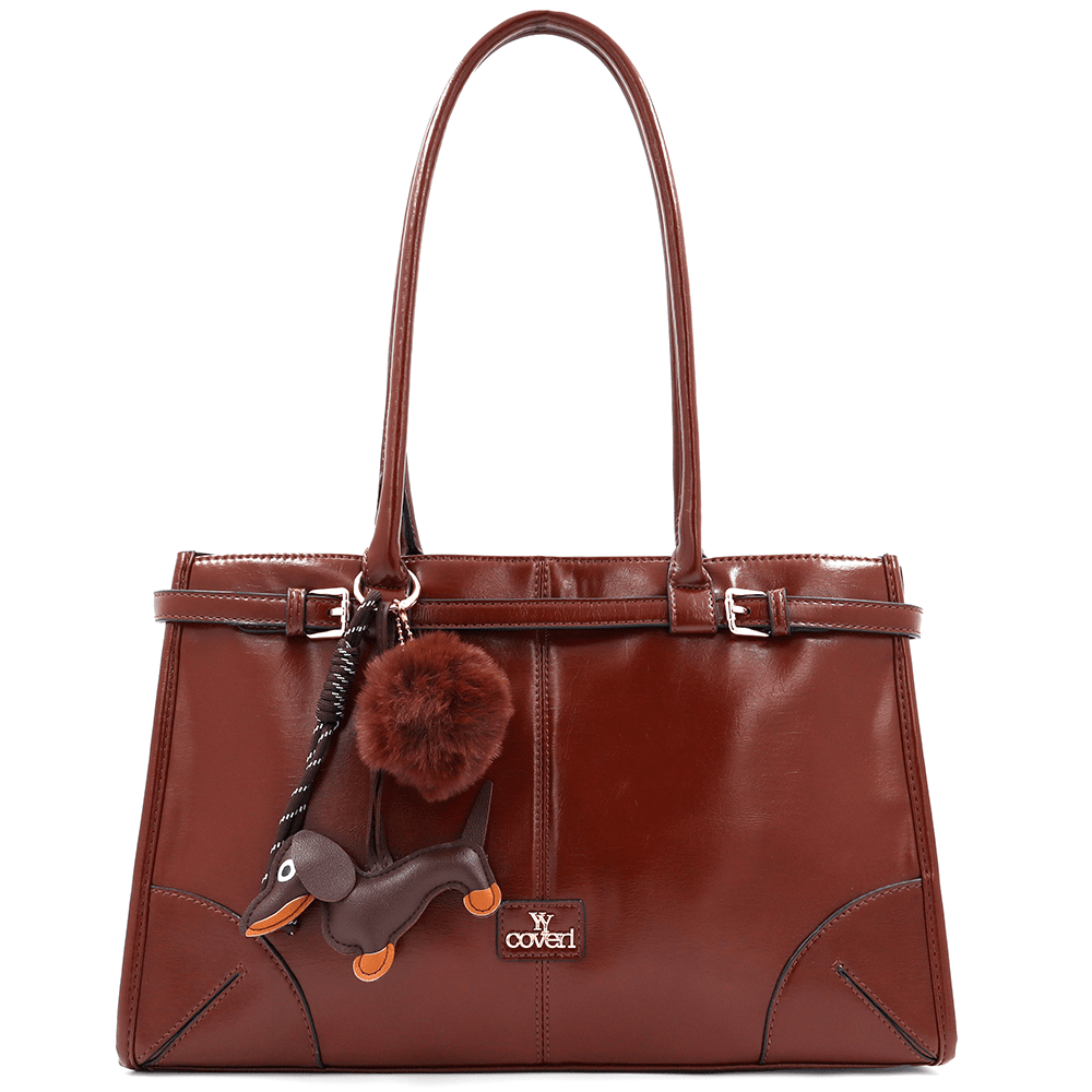 Női táska kutyus és bolyhos medálokkal - cserépbarna