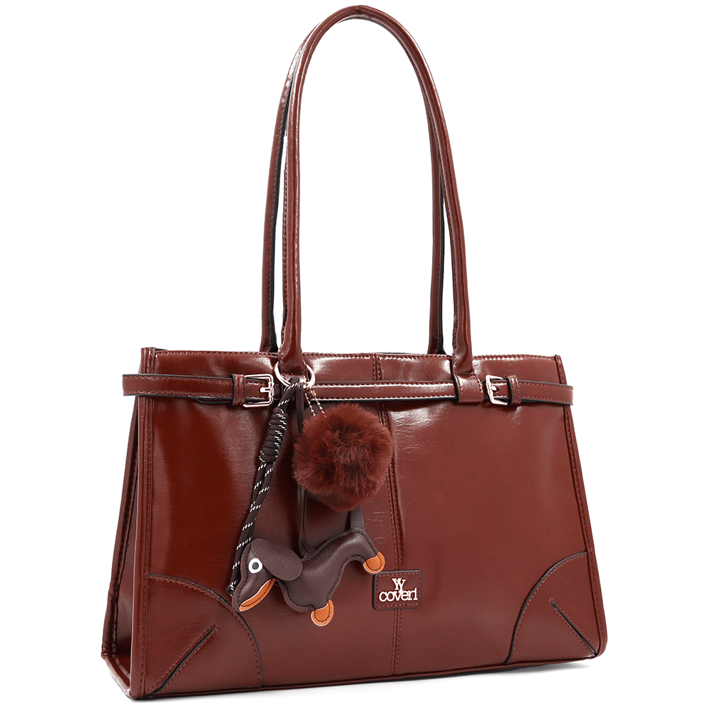 Női táska kutyus és bolyhos medálokkal - cserépbarna