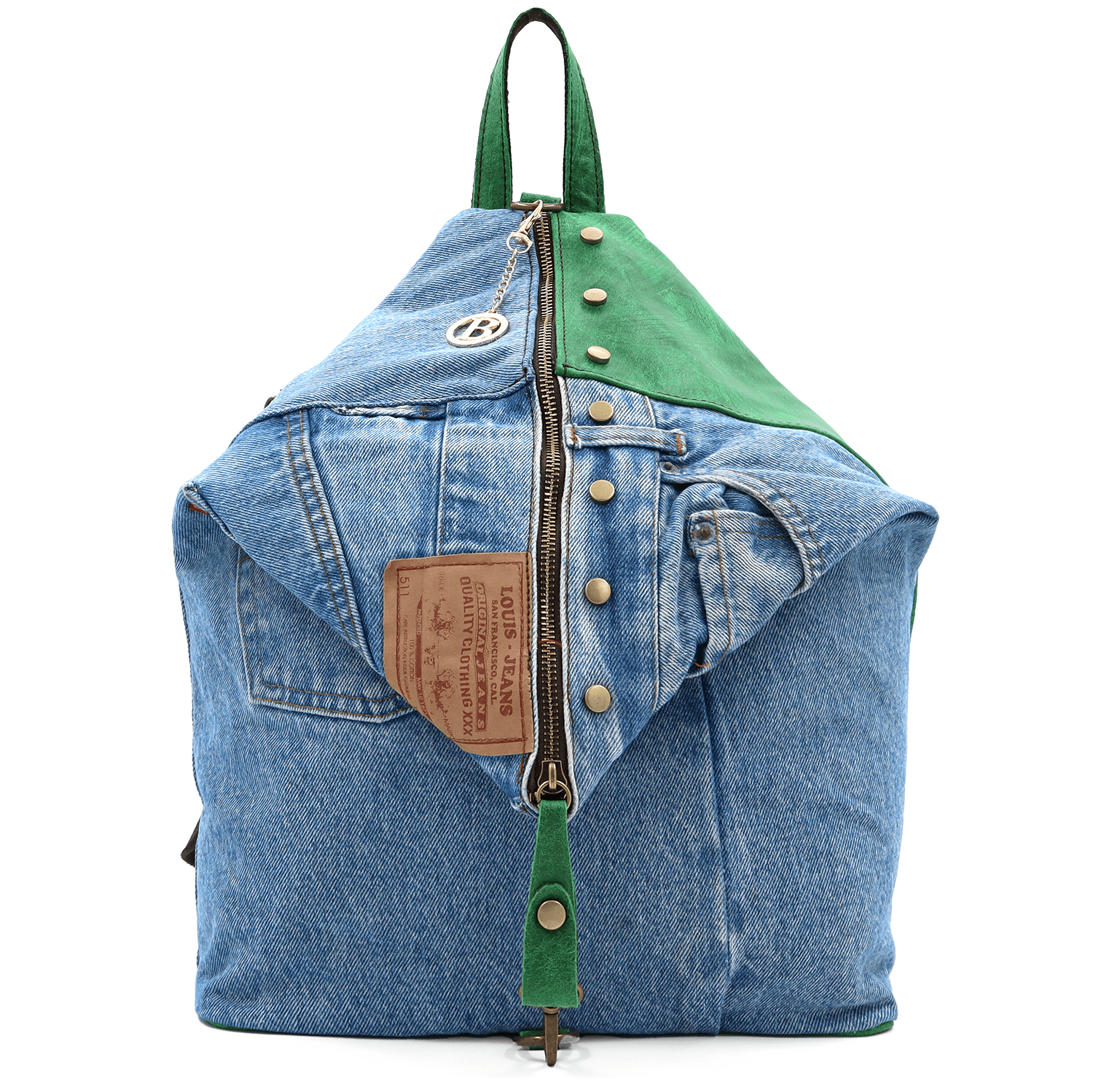 Nagy hátizsák természetes bőrből és farmerből Gabriela - zöld