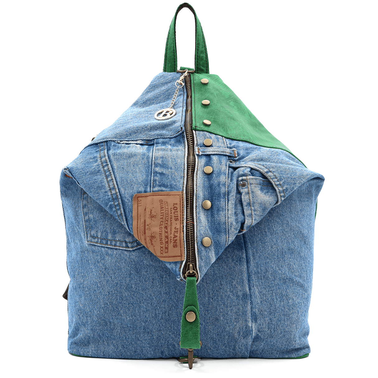 Nagy hátizsák természetes bőrből és farmerből Gabriela - zöld