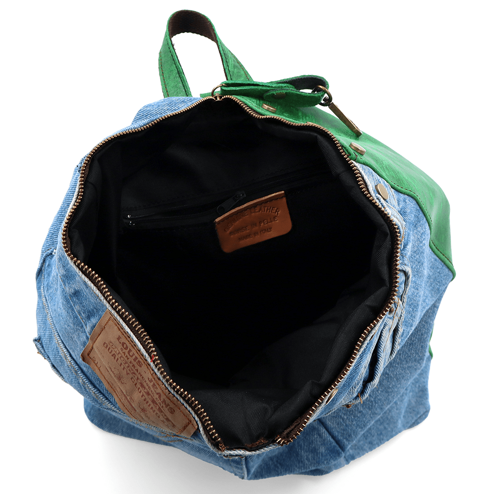 Nagy hátizsák természetes bőrből és farmerből Gabriela - zöld