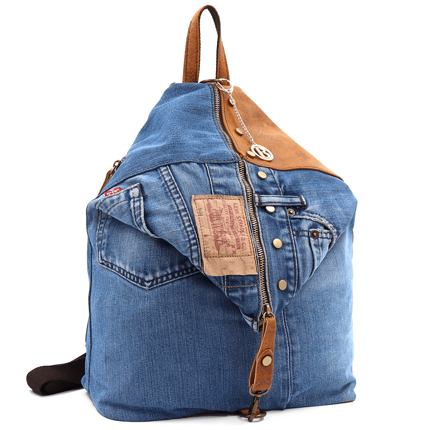 Nagy hátizsák természetes bőrből és farmerből Gabriela - cseréptetős barna