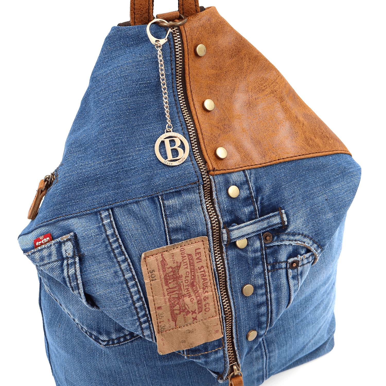 Nagy hátizsák természetes bőrből és farmerből Gabriela - cseréptetős barna