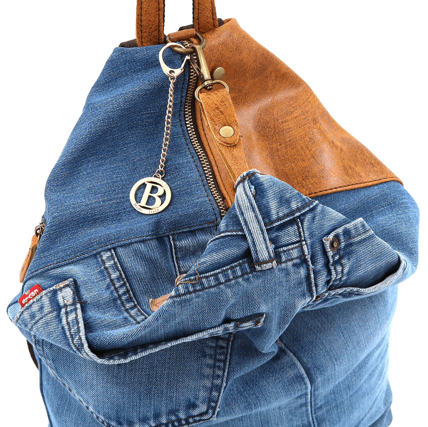 Nagy hátizsák természetes bőrből és farmerből Gabriela - cseréptetős barna