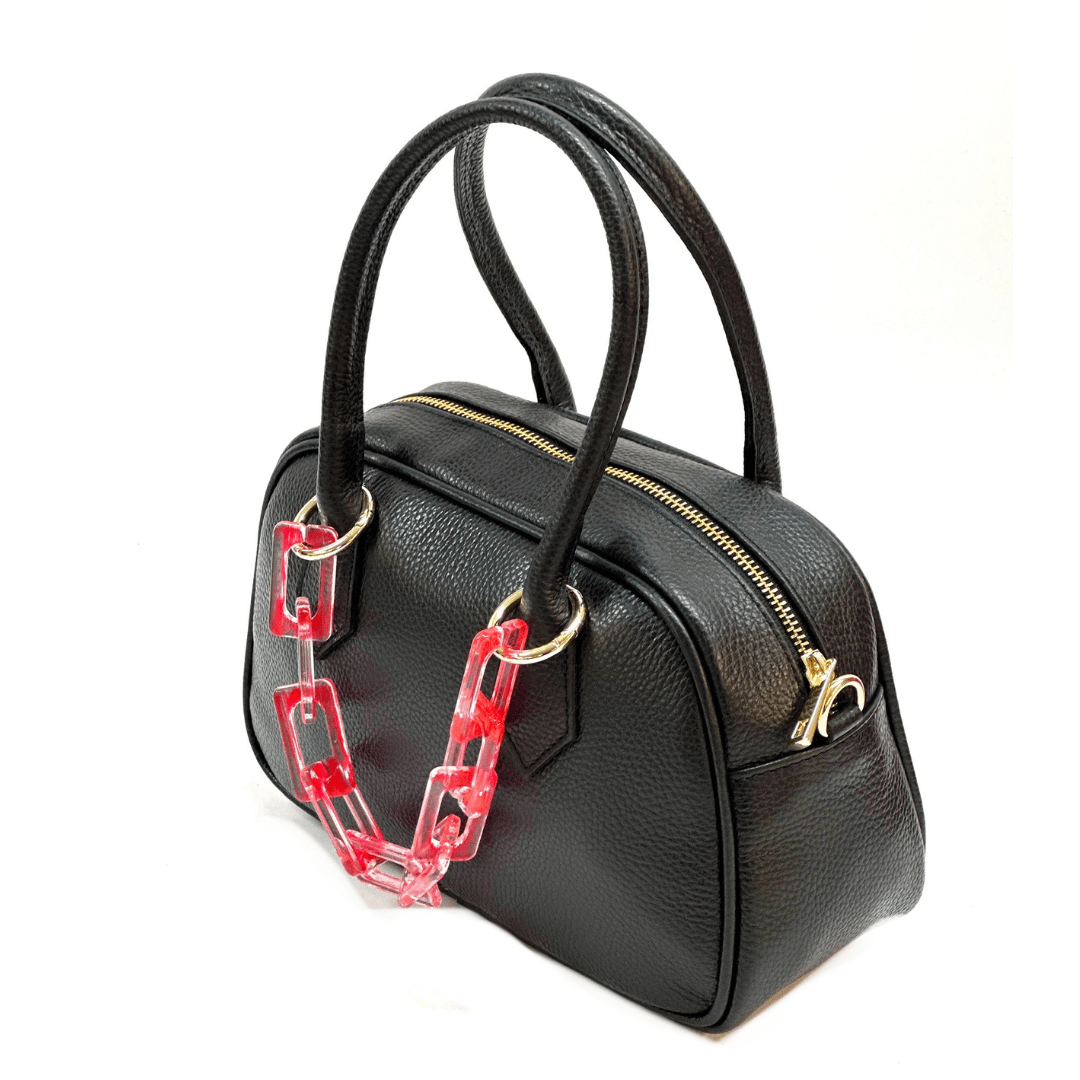 Női táska természetes bőrből, lánccal Ria - fekete