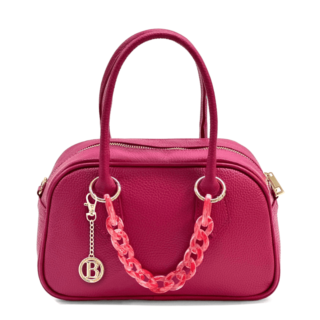 Női táska természetes bőrből, lánccal, Ria - fukszia