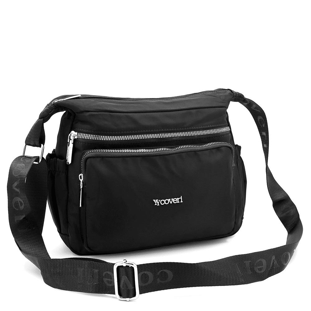 Női válltáska szövetből, sok zsebbel - fekete