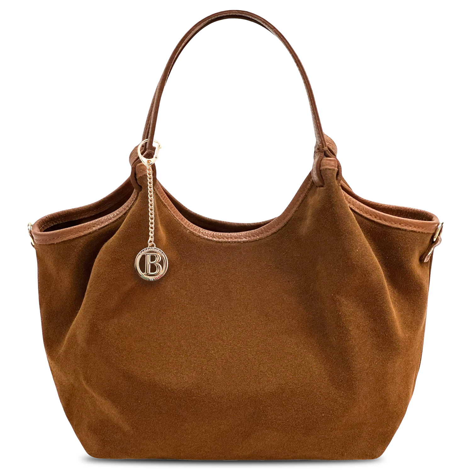 Nagy méretű női táska, zsák fazon, természetes velúrból – téglabarna