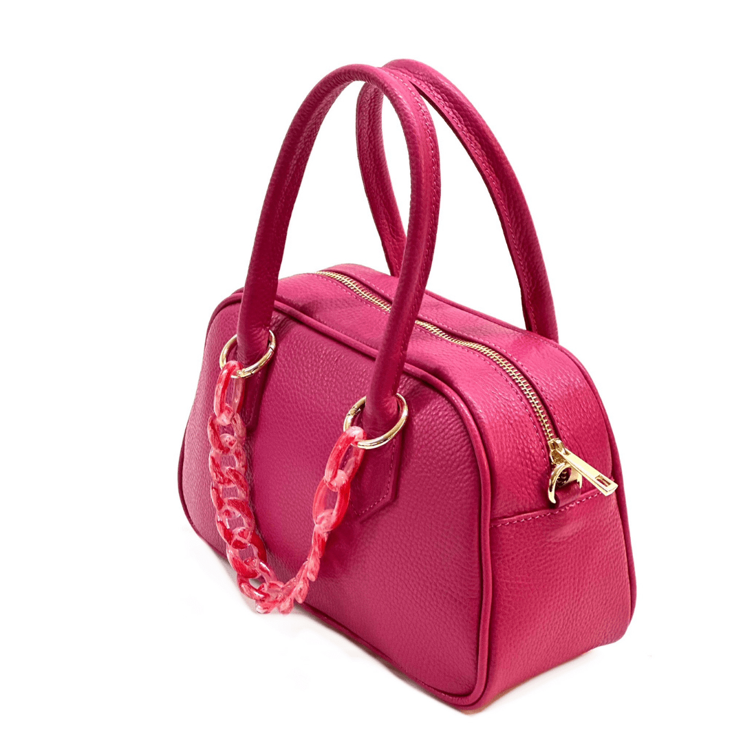 Női táska természetes bőrből, lánccal, Ria - fukszia