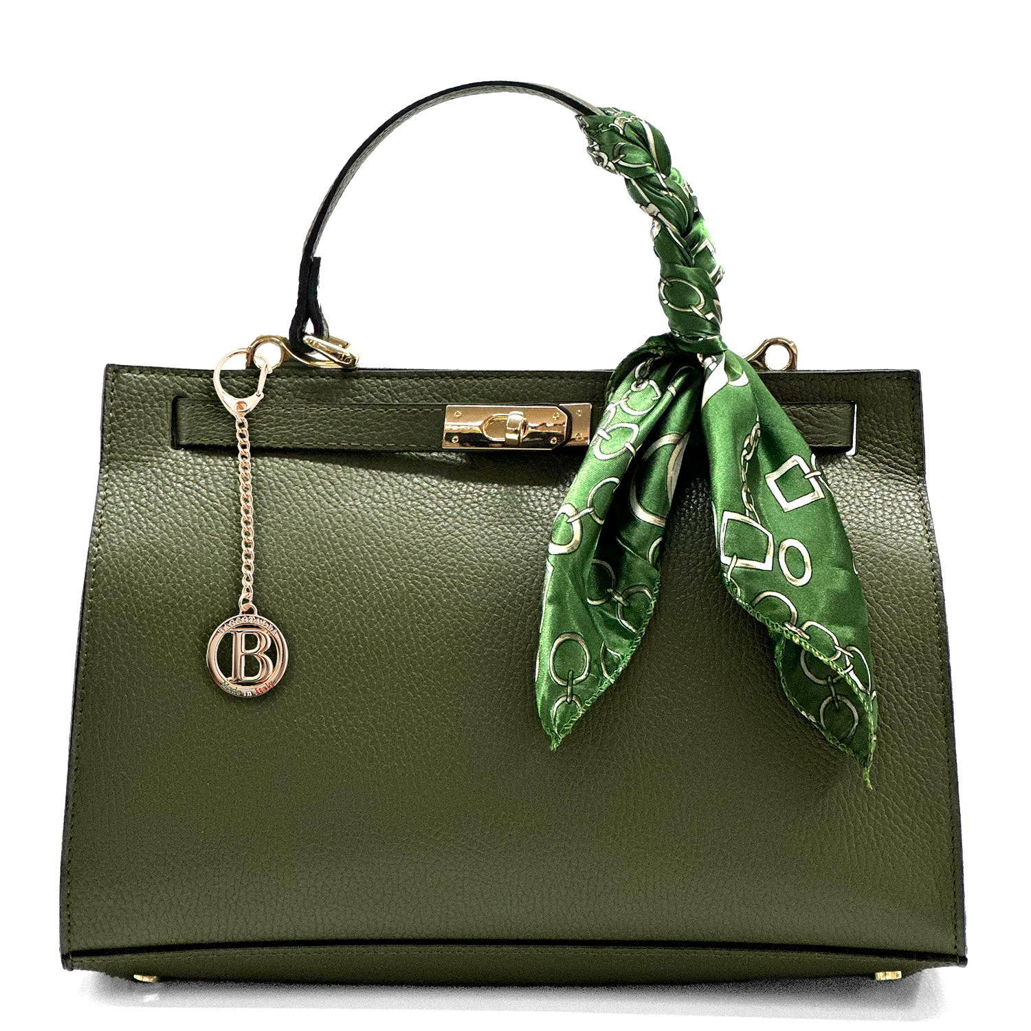 Női táska természetes bőrből sállal – zöld