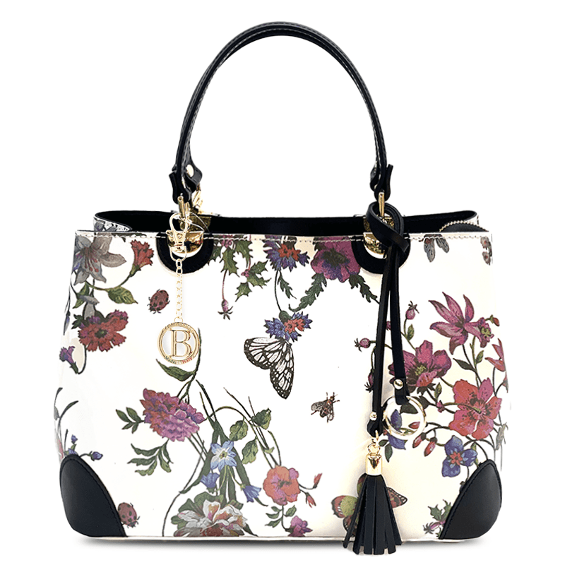 Női táska természetes bőrből, Alika nyomtatással - fekete