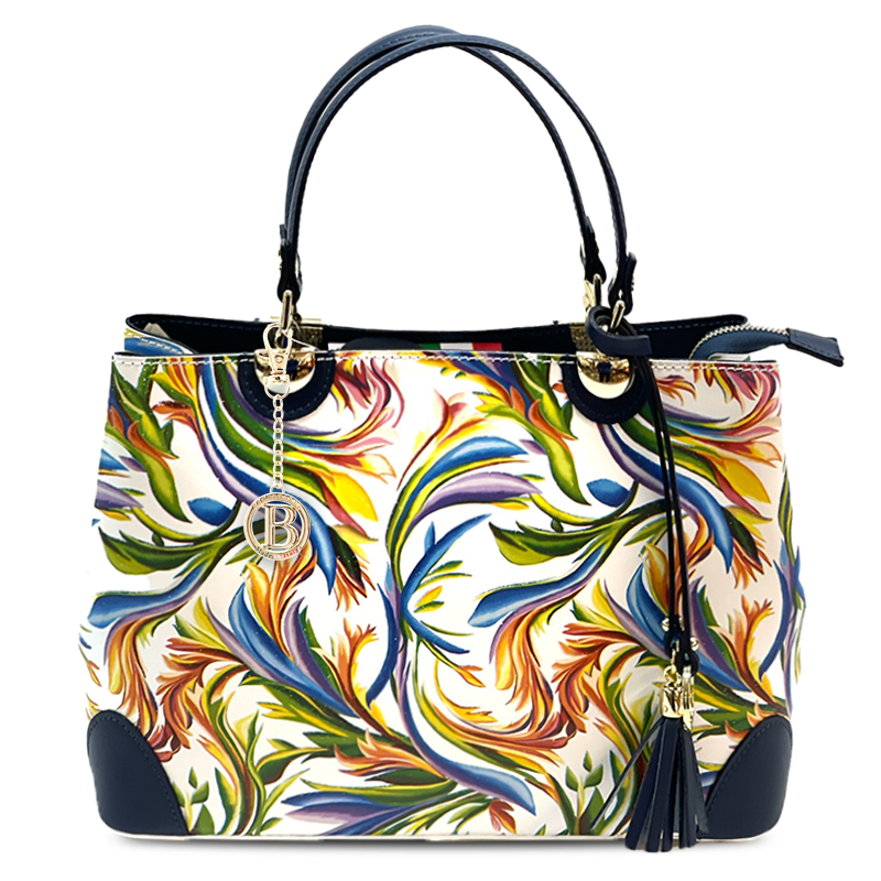 Női táska természetes bőrből, Alika nyomtatással - sötétkék