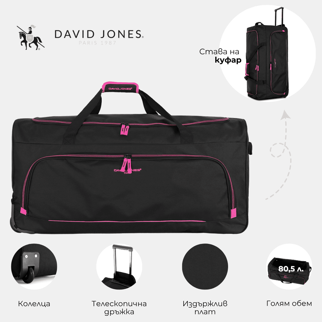David Jones - Nagy utazótáska kerekekkel és teleszkópos fogantyúval - fekete/fukszia