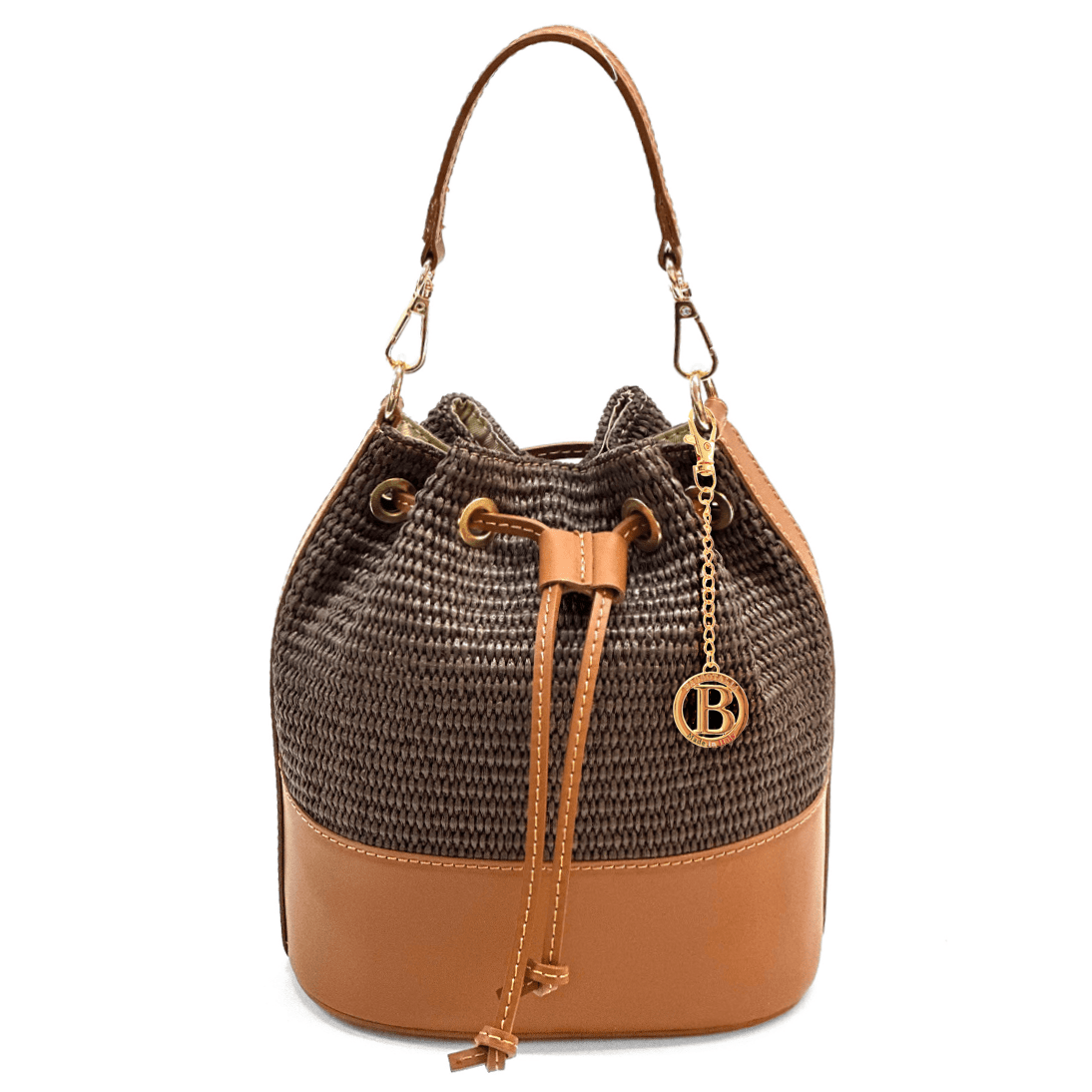 Természetes bőr és rafia táska Arla - sötétbarna