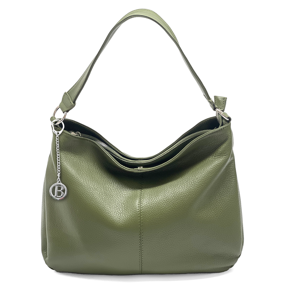 Nagy méretű női táska, természetes bőrből, három rekesszel – zöld