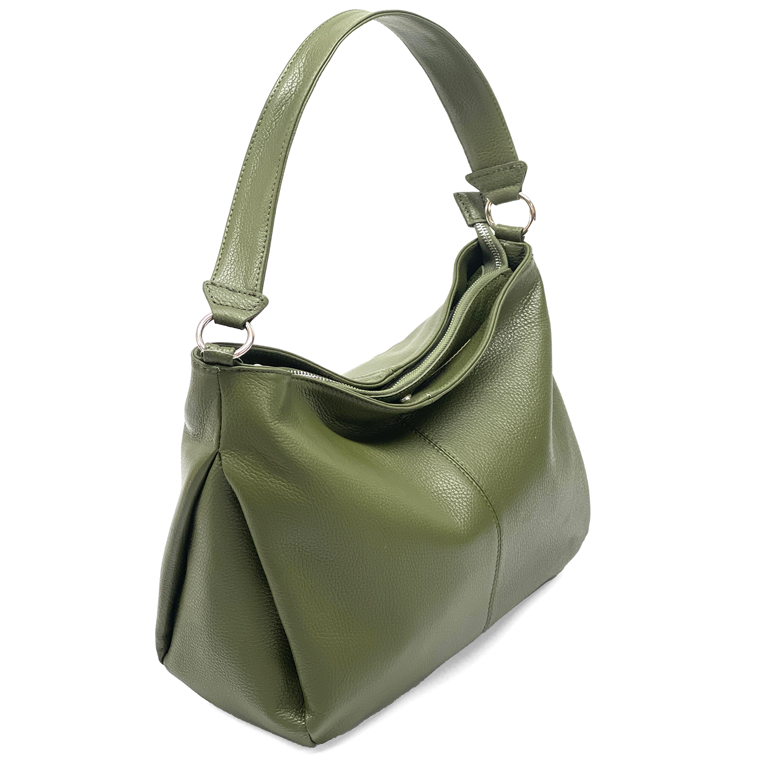 Nagy méretű női táska, természetes bőrből, három rekesszel – zöld