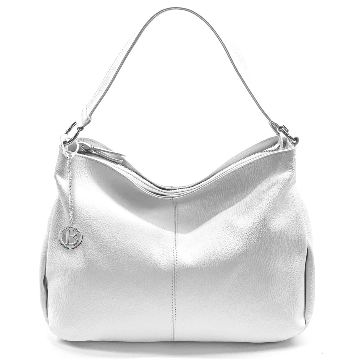 Nagy méretű női táska, természetes bőrből, három rekesszel – fehér