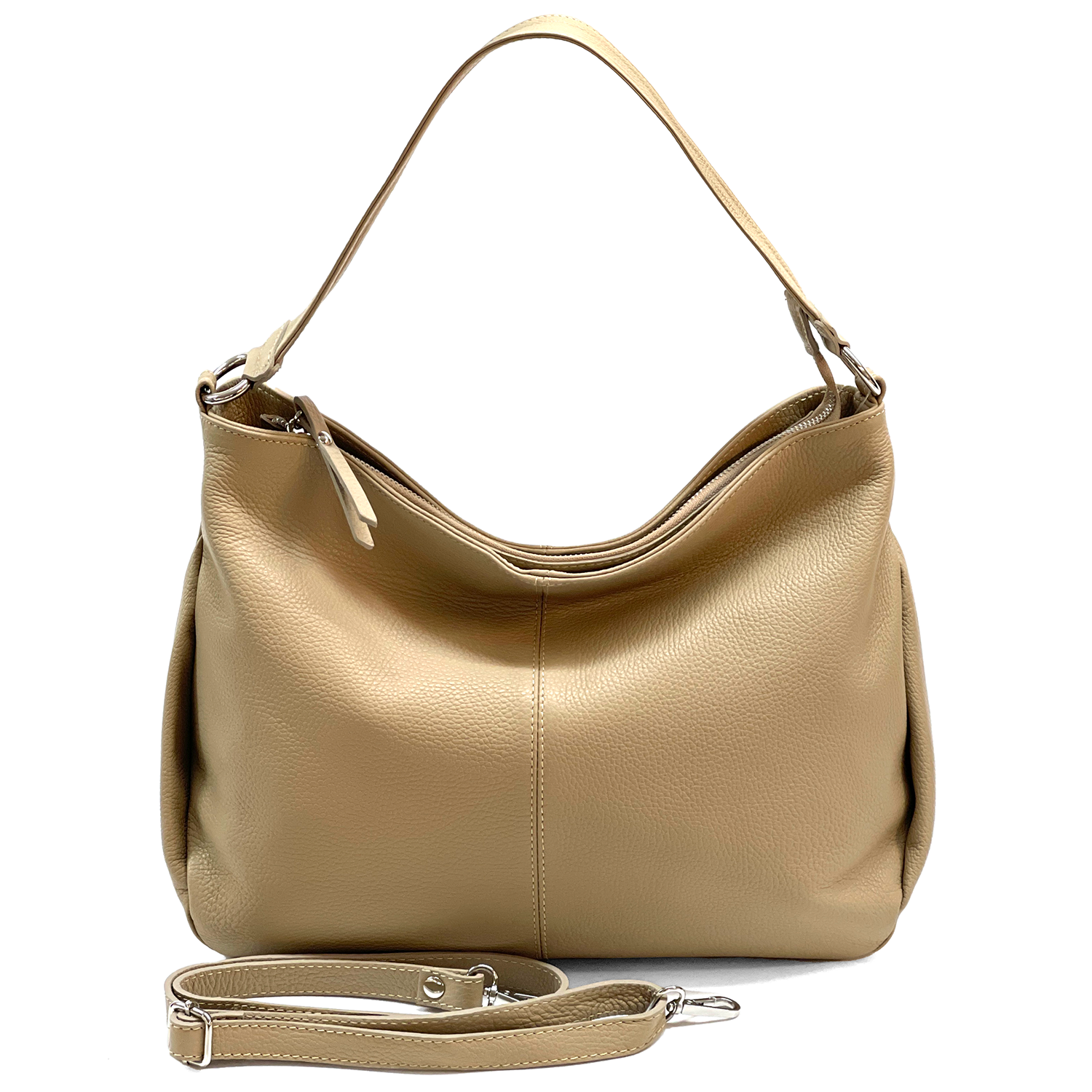 Nagy méretű női táska, természetes bőrből, három rekesszel – világosbarna