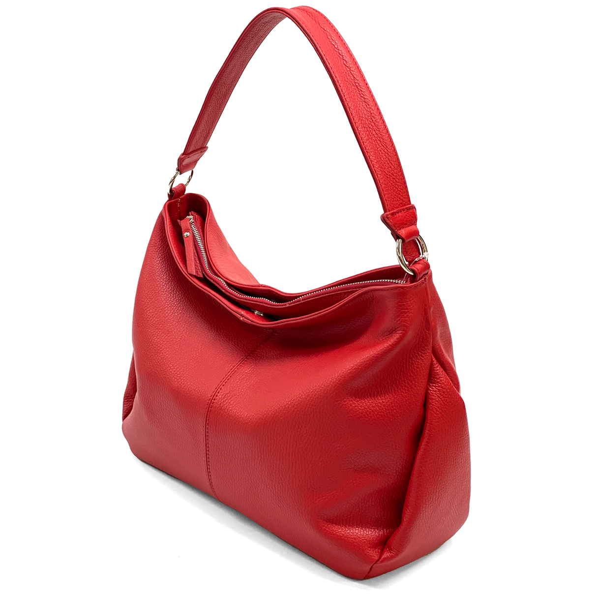 Nagy méretű női táska, természetes bőrből, három rekesszel – piros