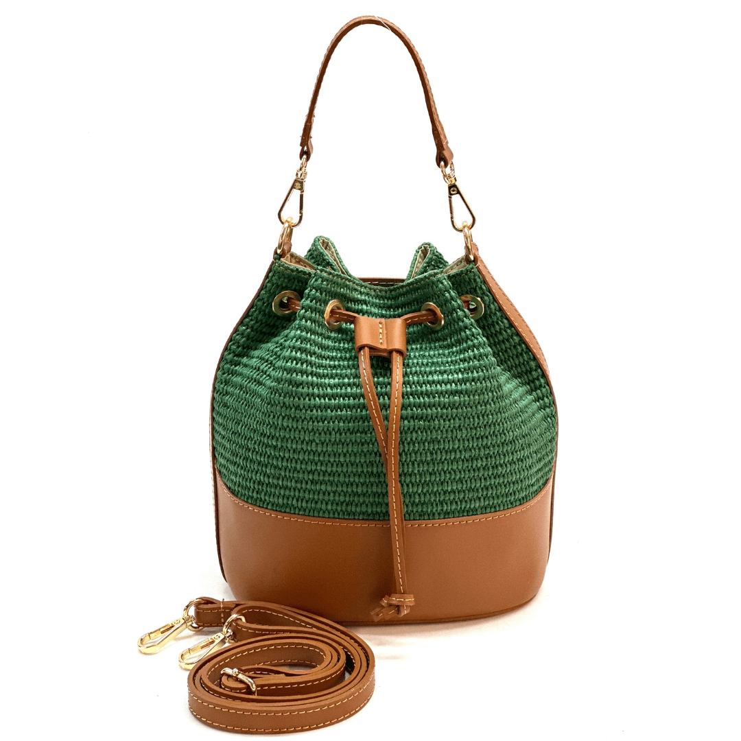 Természetes bőr és rafia táska Arla - zöld