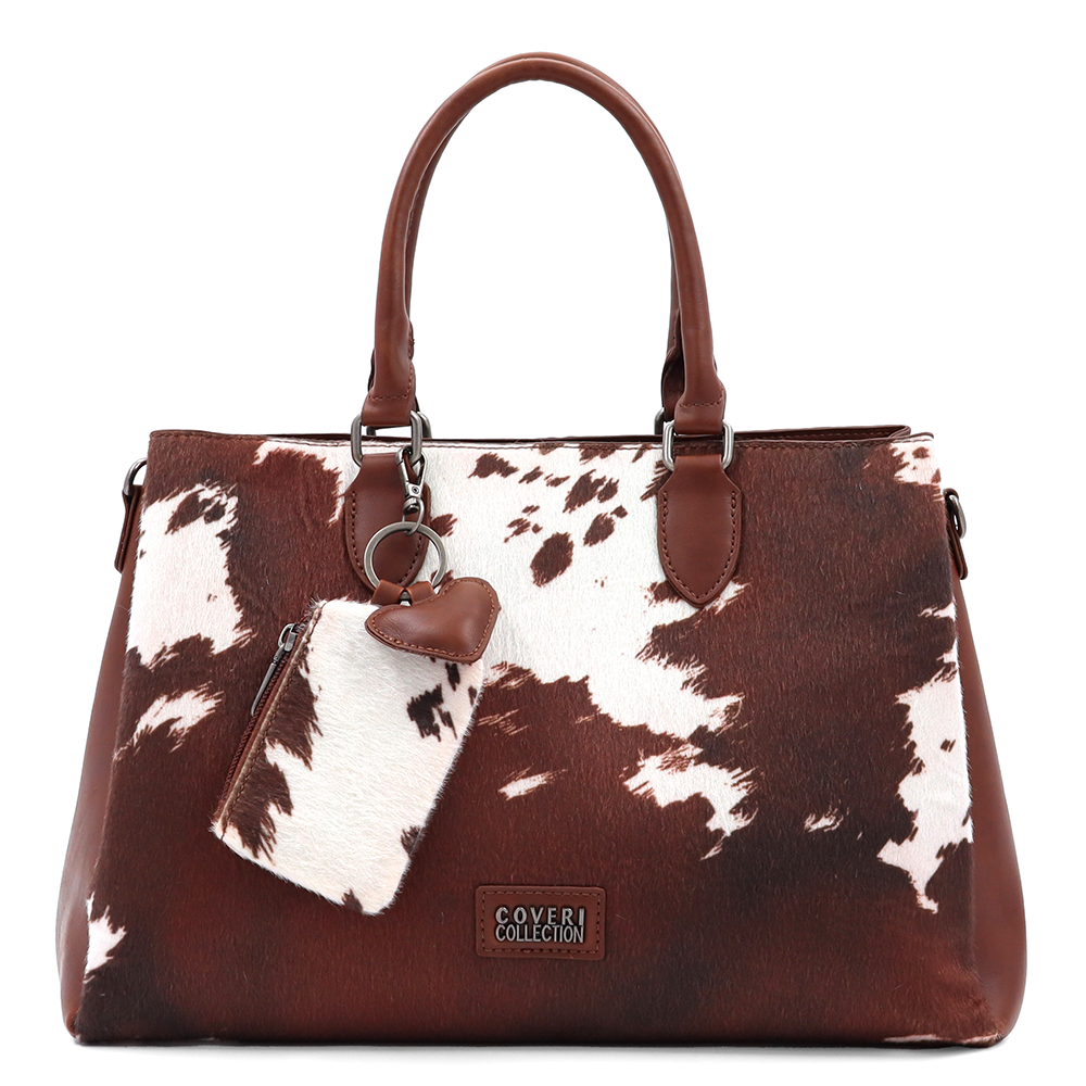 Nagy női táska 3 rekesszel és tehénmintával – téglabarna