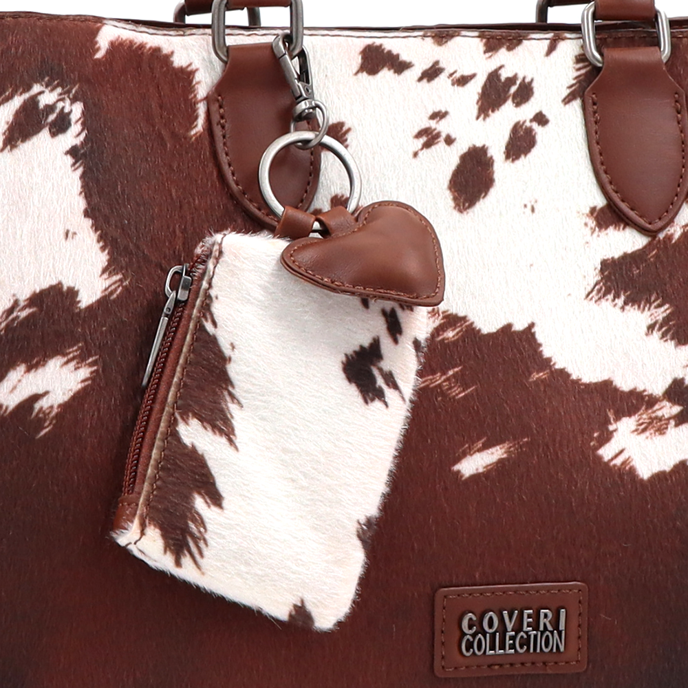 Nagy női táska 3 rekesszel és tehénmintával – téglabarna