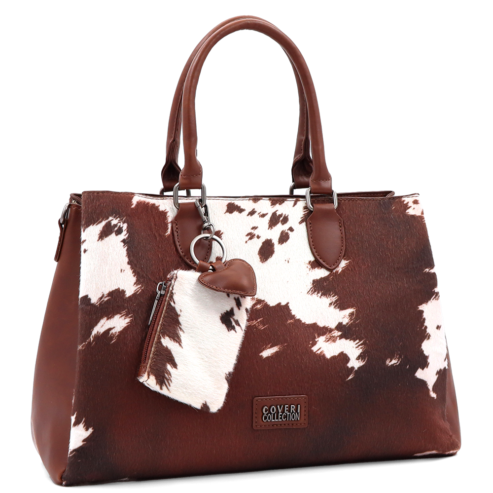 Nagy női táska 3 rekesszel és tehénmintával – téglabarna