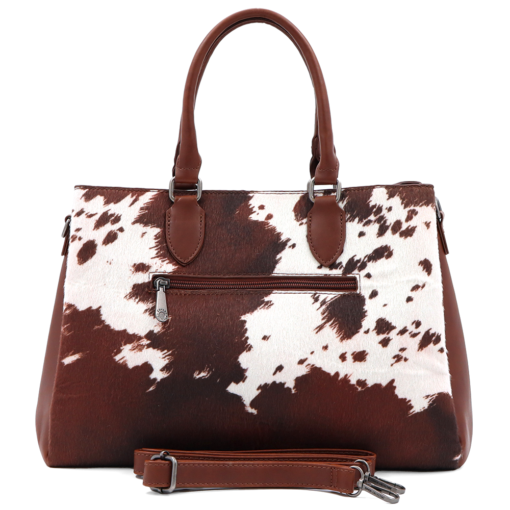Nagy női táska 3 rekesszel és tehénmintával – téglabarna
