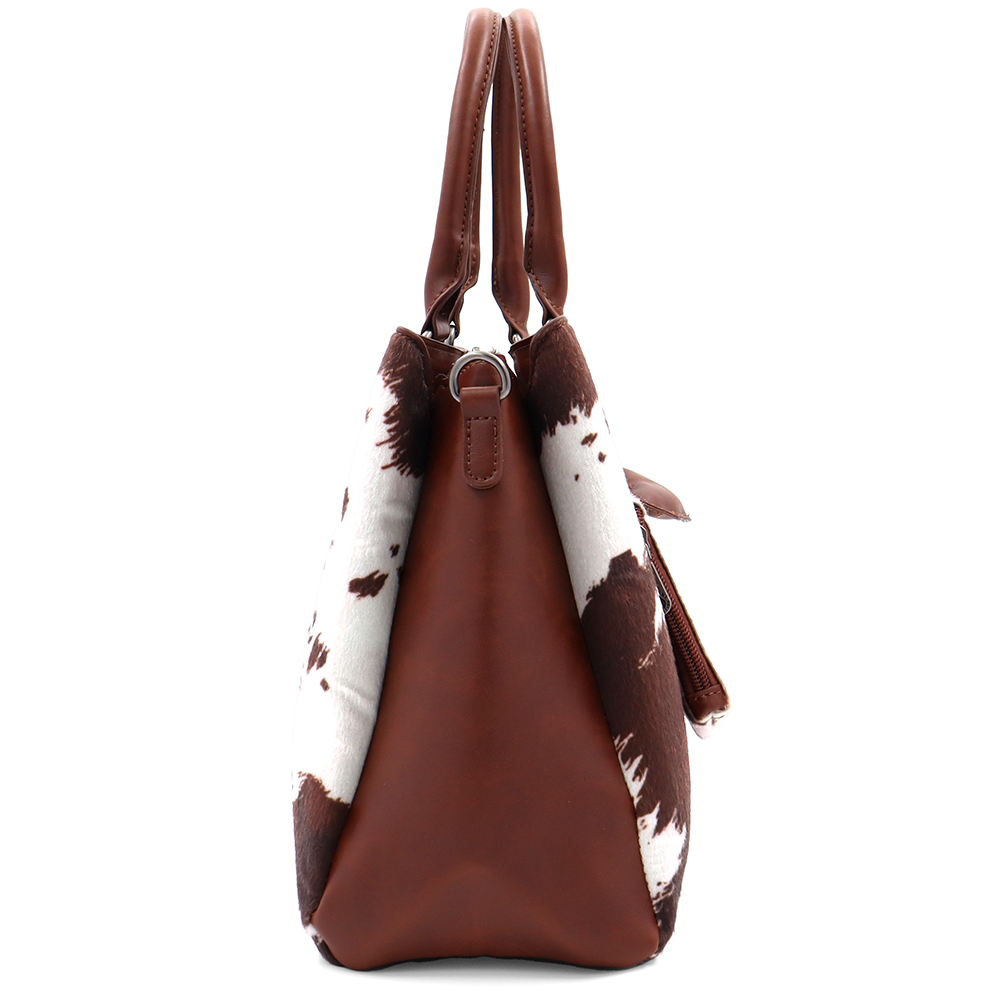 Nagy női táska 3 rekesszel és tehénmintával – téglabarna