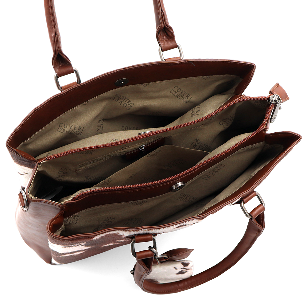 Nagy női táska 3 rekesszel és tehénmintával – téglabarna