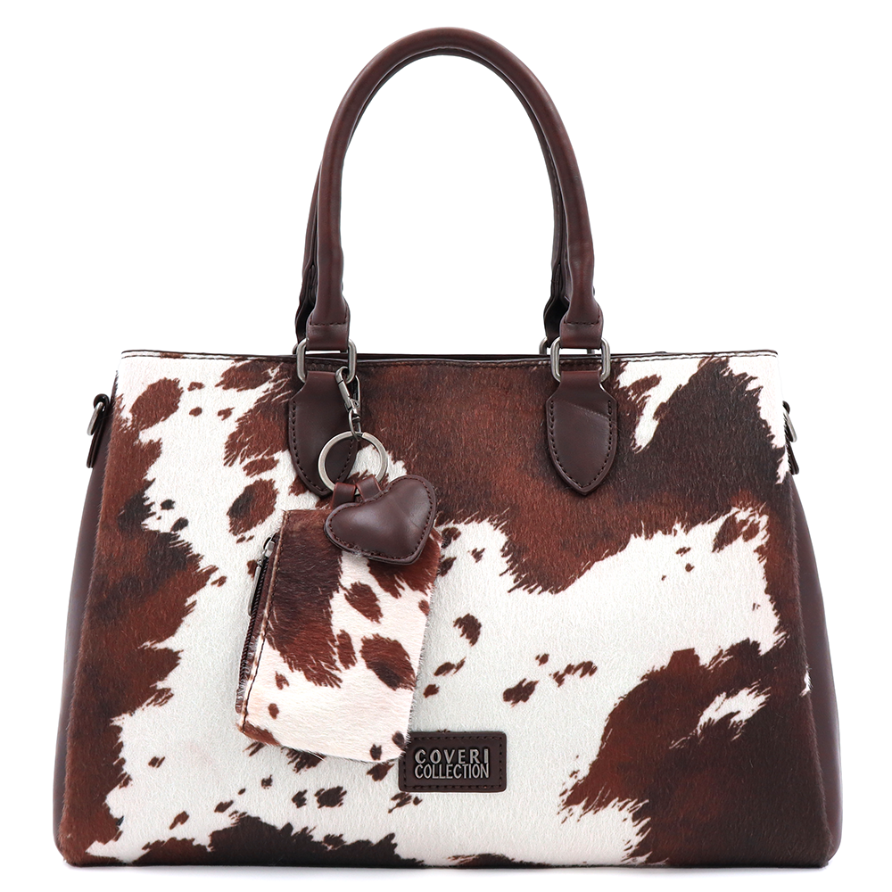 Nagy női táska 3 rekesszel és tehénmintával – barna