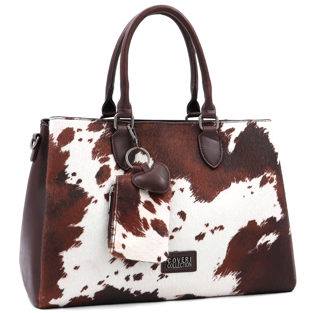 Nagy női táska 3 rekesszel és tehénmintával – barna