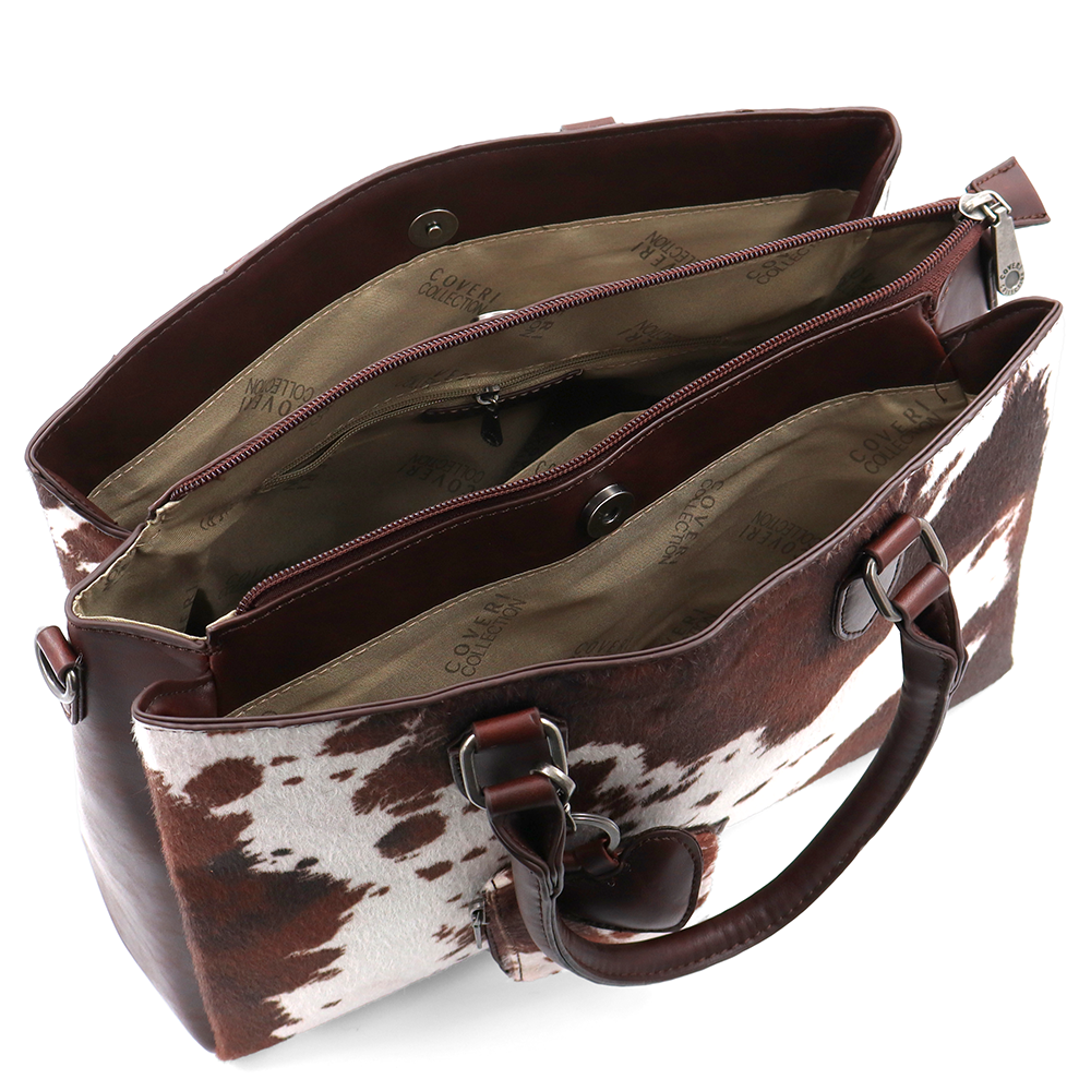 Nagy női táska 3 rekesszel és tehénmintával – barna